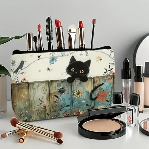 Stylish Cat Floral Cosmetic Bag Lightweight Foldable Travel Makeup Organizer with Zipper Closure for Women, Teachers, Friends